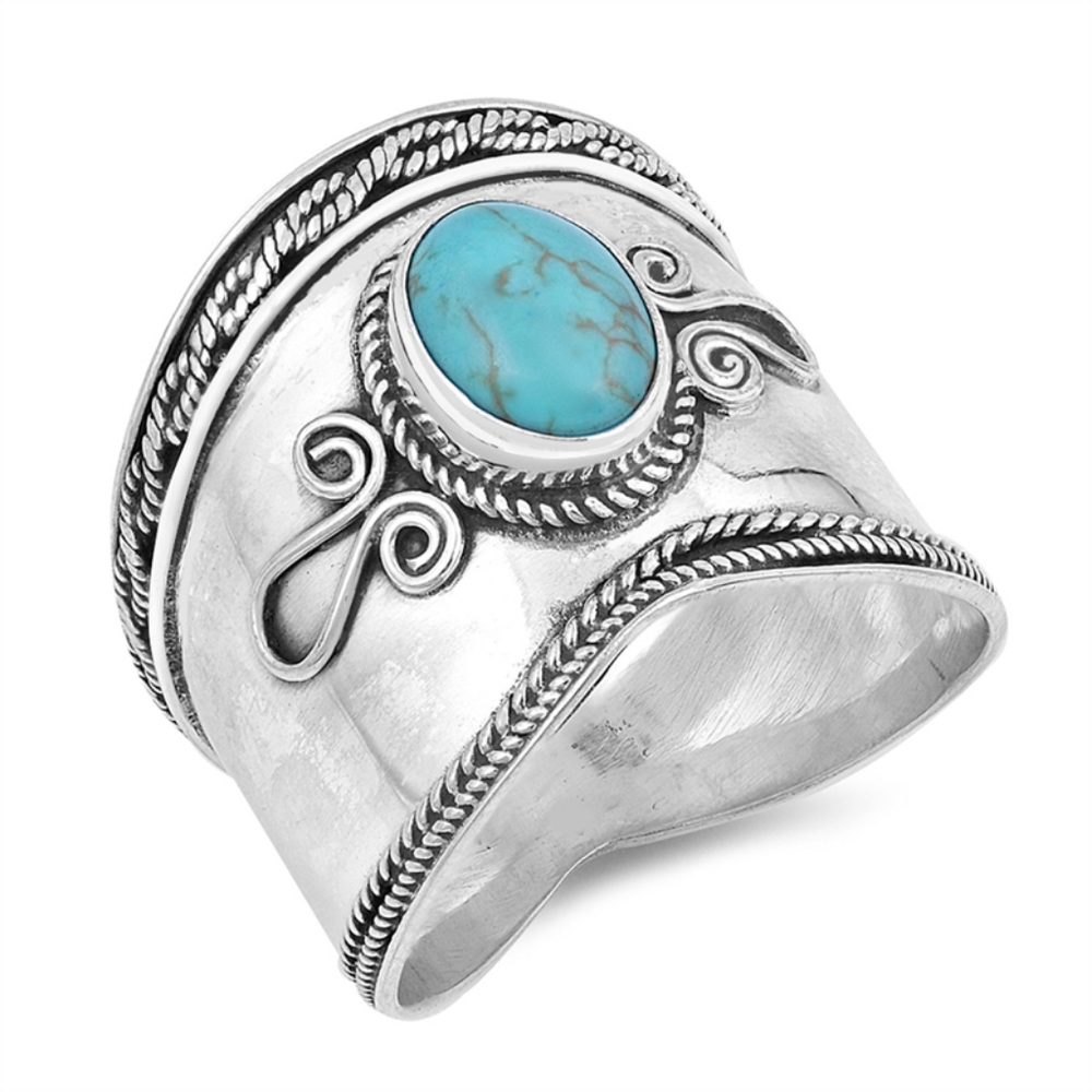 Genuine Turquoise Sterling Silver Boho Artsy Bali Ring, 9